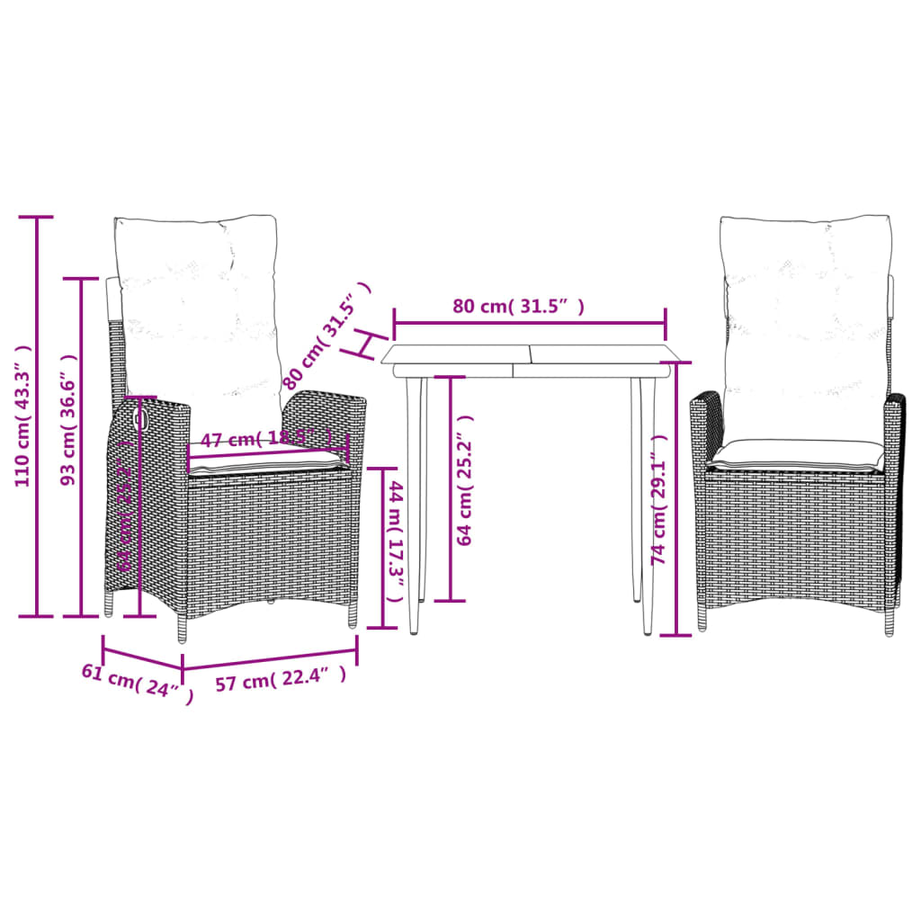 3 pcs conjunto de jantar p/ jardim c/ almofadões vime PE preto