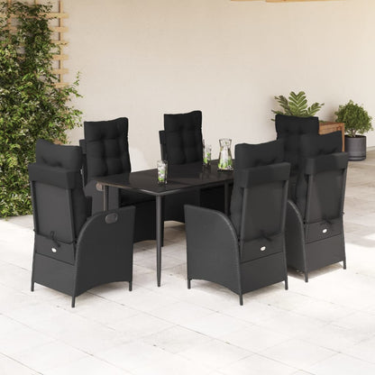 7 pcs conjunto de jantar p/ jardim c/ almofadões vime PE preto