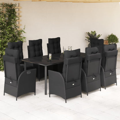 9 pcs conjunto de jantar p/ jardim c/ almofadões vime PE preto