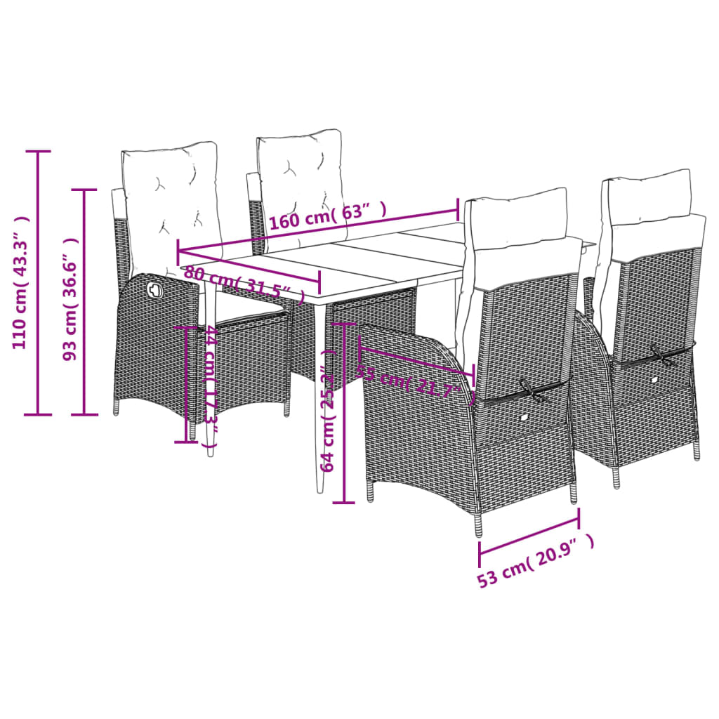 5 pcs conjunto de jantar p/ jardim c/ almofadões vime PE cinza