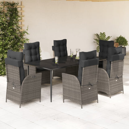 7 pcs conjunto de jantar p/ jardim c/ almofadões vime PE cinza