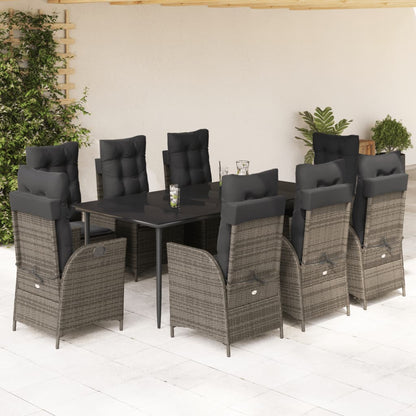 9 pcs conjunto de jantar p/ jardim c/ almofadões vime PE cinza