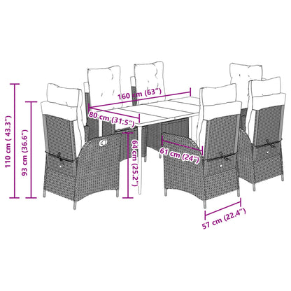 7 pcs conjunto de jantar p/ jardim com almofadões vime PE bege