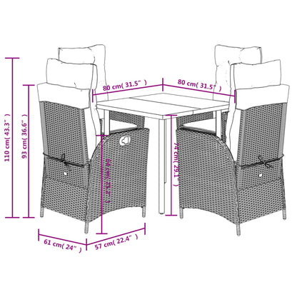 5 pcs conjunto de jantar p/ jardim com almofadões vime PE bege