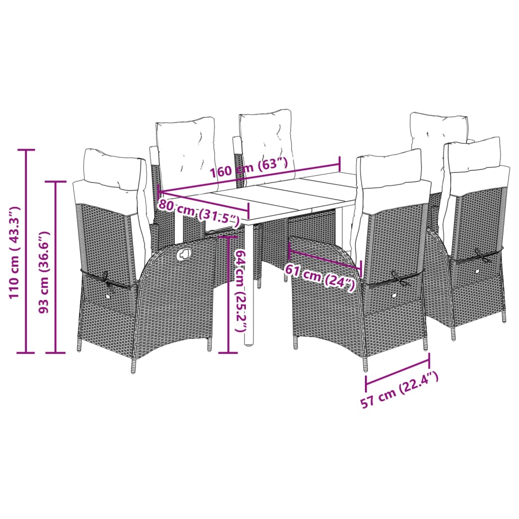 7 pcs conjunto de jantar p/ jardim com almofadões vime PE bege