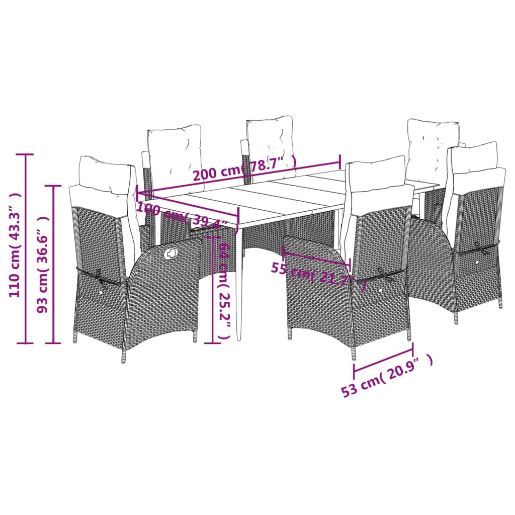 7 pcs conjunto de jantar p/ jardim com almofadões vime PE bege