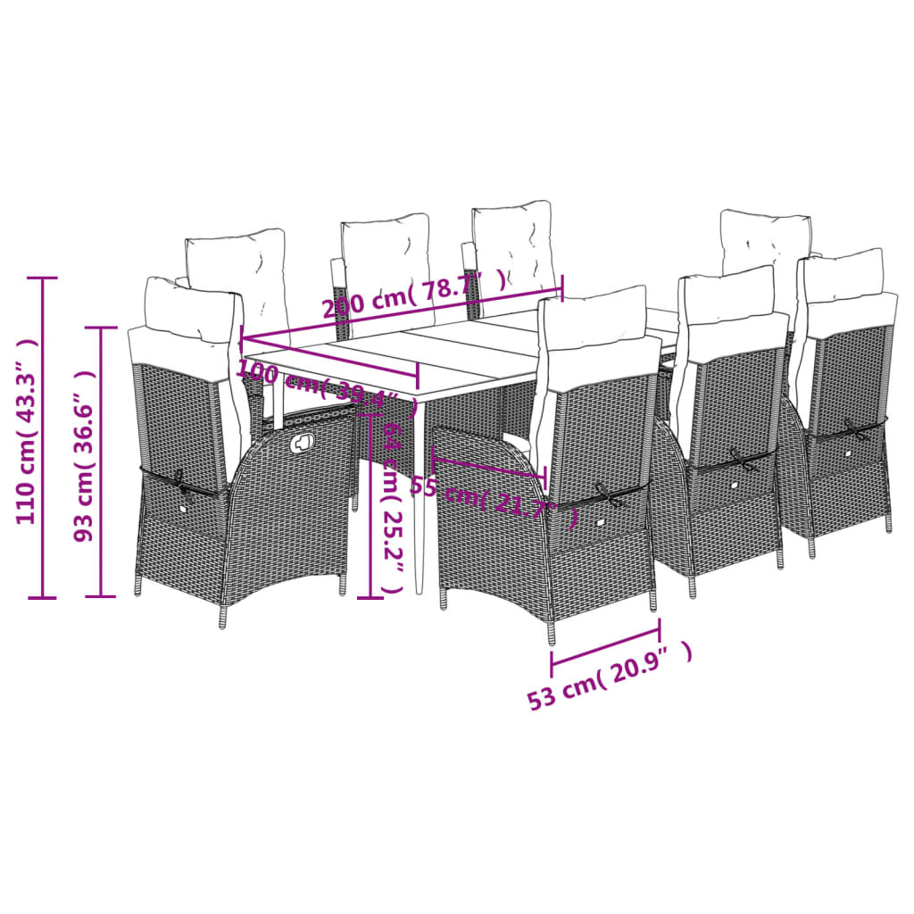 9 pcs conjunto de jantar p/ jardim com almofadões vime PE bege