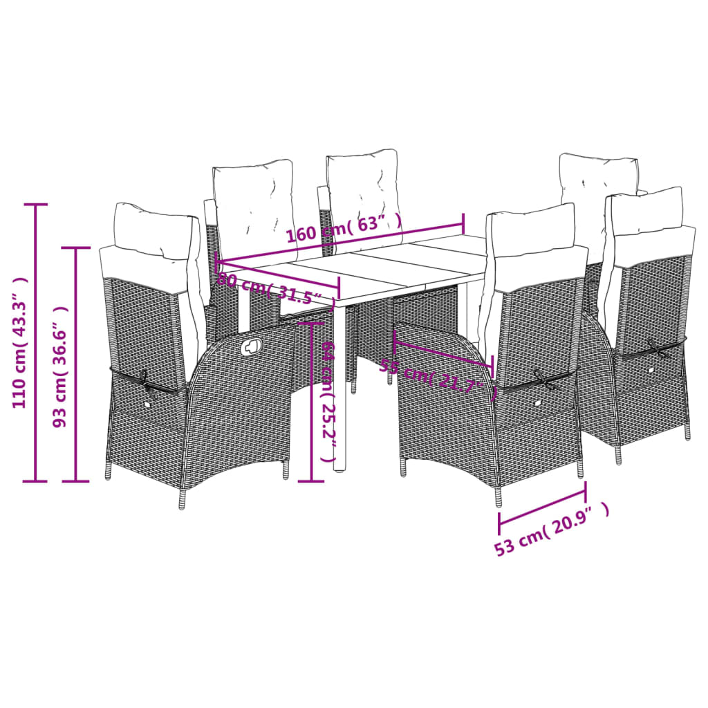 7 pcs conjunto de jantar p/ jardim com almofadões vime PE bege