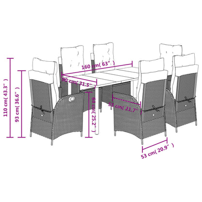 7 pcs conjunto de jantar p/ jardim com almofadões vime PE bege