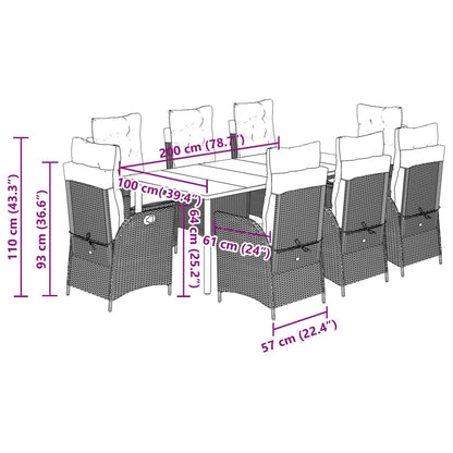 9 pcs conjunto de jantar p/ jardim com almofadões vime PE bege