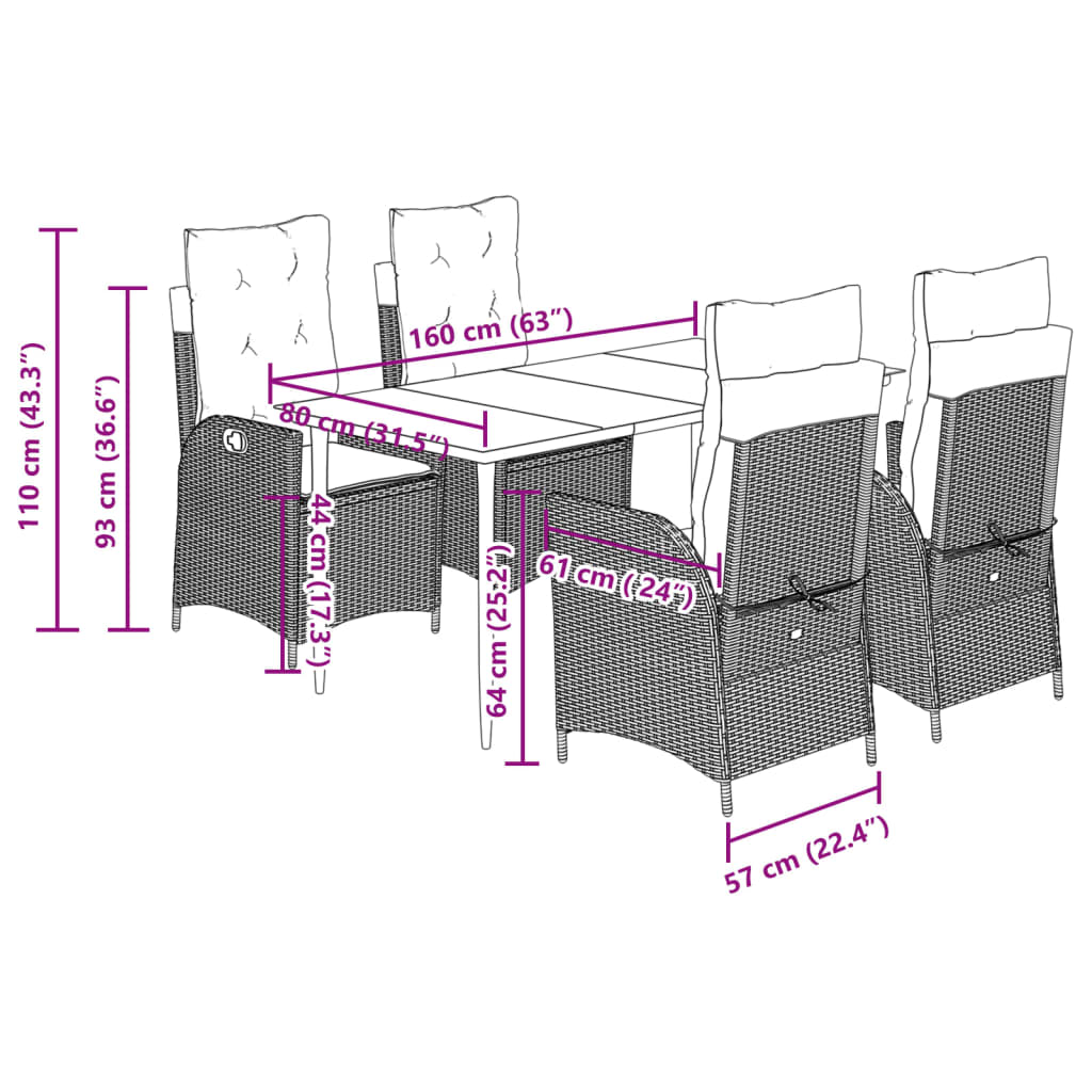 5 pcs conjunto de jantar p/ jardim c/ almofadões cinzento claro