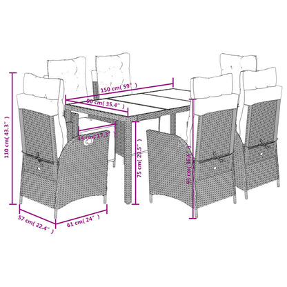 7 pcs conjunto de jantar p/ jardim c/ almofadões vime PE preto