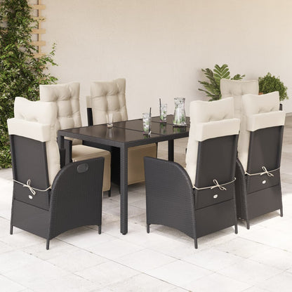 7 pcs conjunto de jantar p/ jardim c/ almofadões vime PE preto