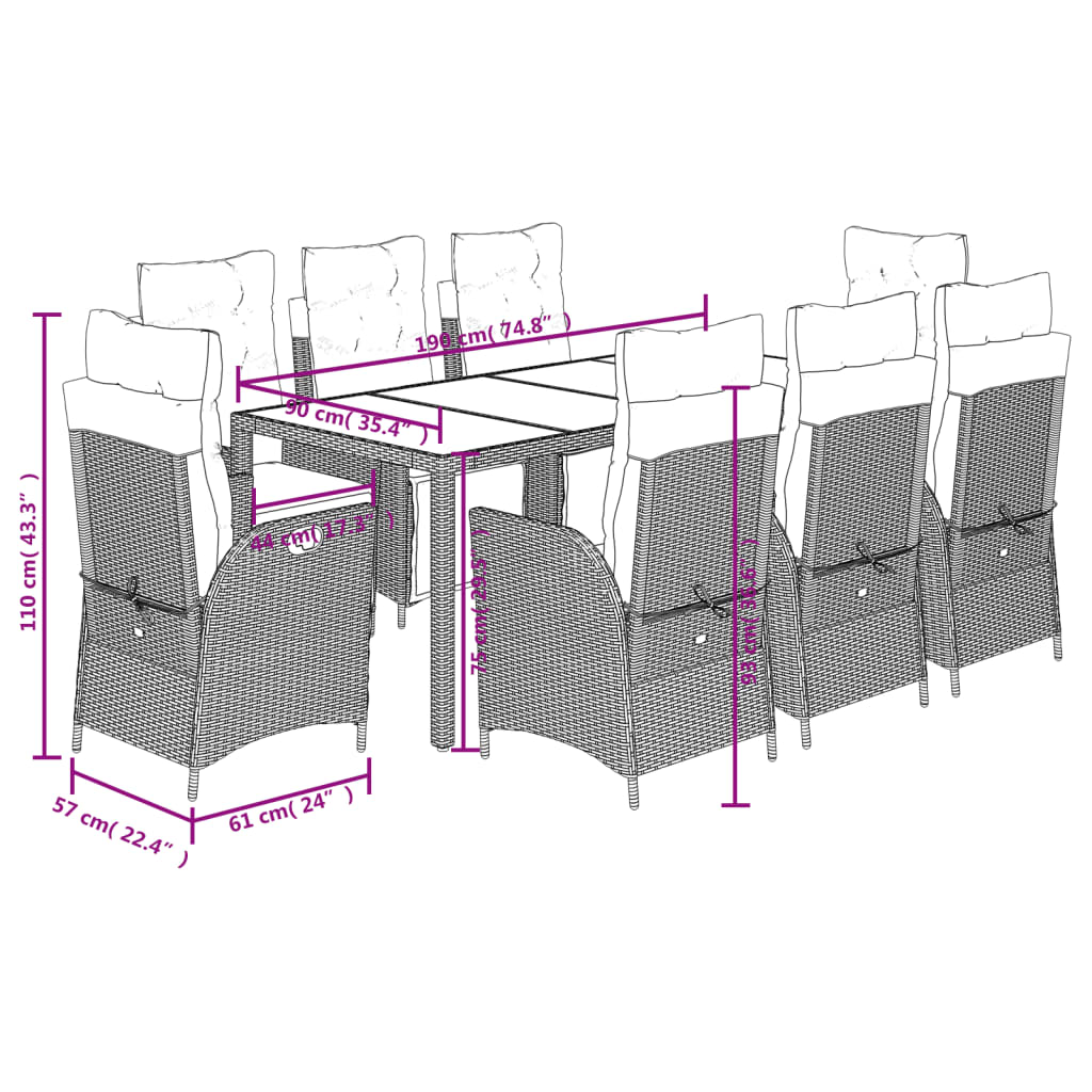 9 pcs conjunto de jantar p/ jardim c/ almofadões vime PE preto