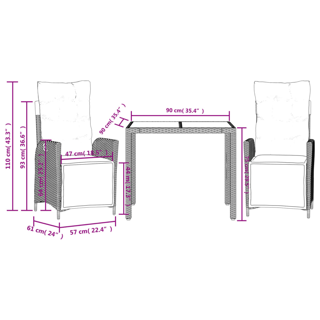 3 pcs conjunto de jantar p/ jardim c/ almofadões vime PE cinza