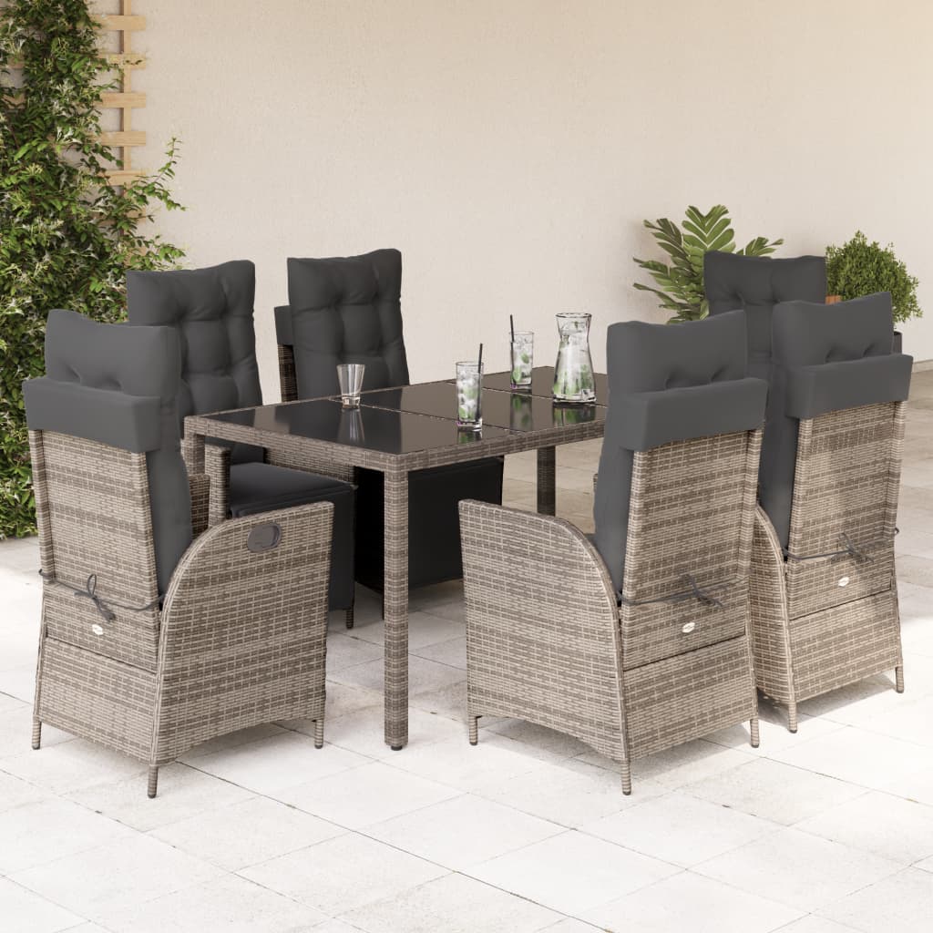 7 pcs conjunto de jantar p/ jardim c/ almofadões vime PE cinza