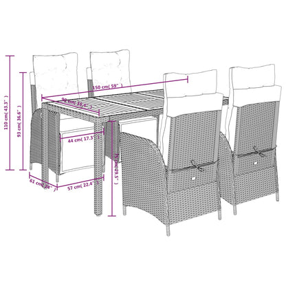 5 pcs conjunto de jantar p/ jardim c/ almofadões vime PE preto