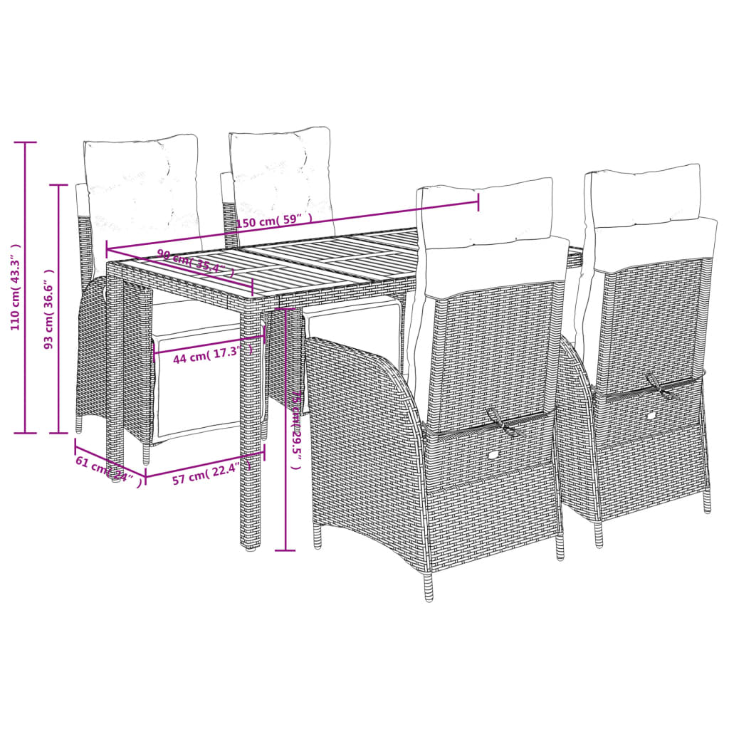 5 pcs conjunto de jantar p/ jardim c/ almofadões vime PE preto