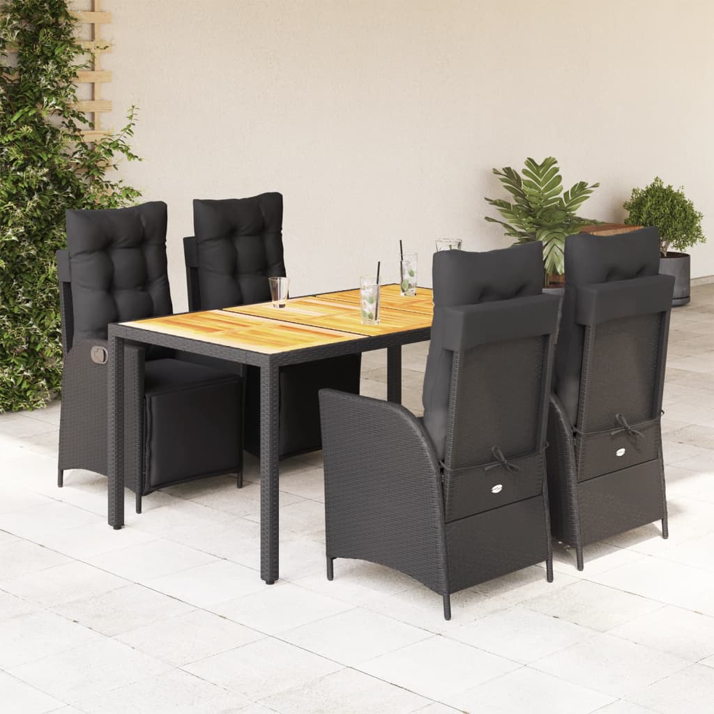 5 pcs conjunto de jantar p/ jardim c/ almofadões vime PE preto