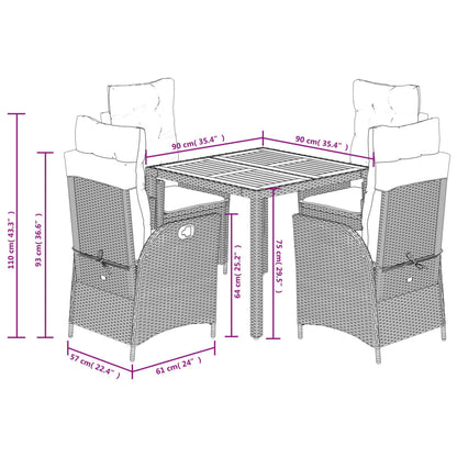 5 pcs conjunto de jantar p/ jardim c/ almofadões vime PE cinza