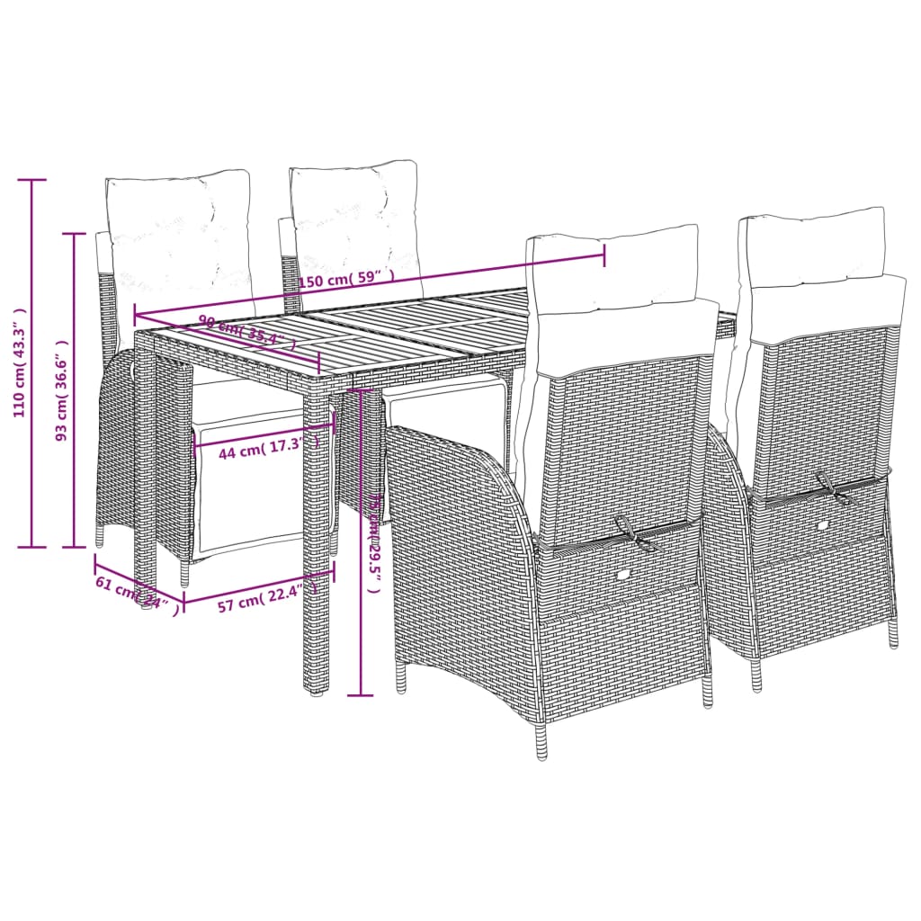 5 pcs conjunto de jantar p/ jardim c/ almofadões vime PE cinza