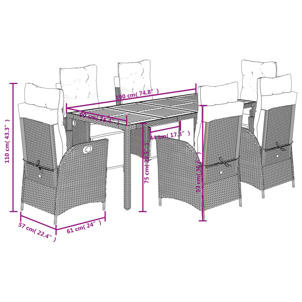 7 pcs conjunto de jantar p/ jardim c/ almofadões vime PE cinza