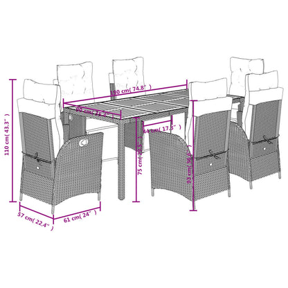 7 pcs conjunto de jantar p/ jardim c/ almofadões vime PE cinza