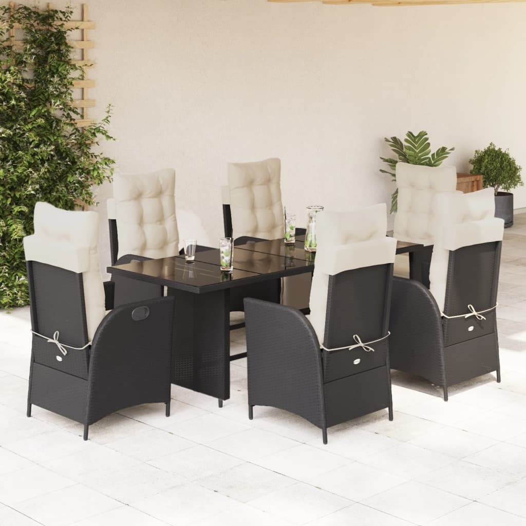 7 pcs conjunto de jantar p/ jardim c/ almofadões vime PE preto