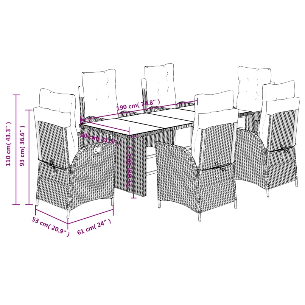 7 pcs conjunto jantar p/ jardim c/ almofadões vime PE castanho