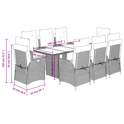 9 pcs conjunto de jantar p/ jardim com almofadões vime PE bege