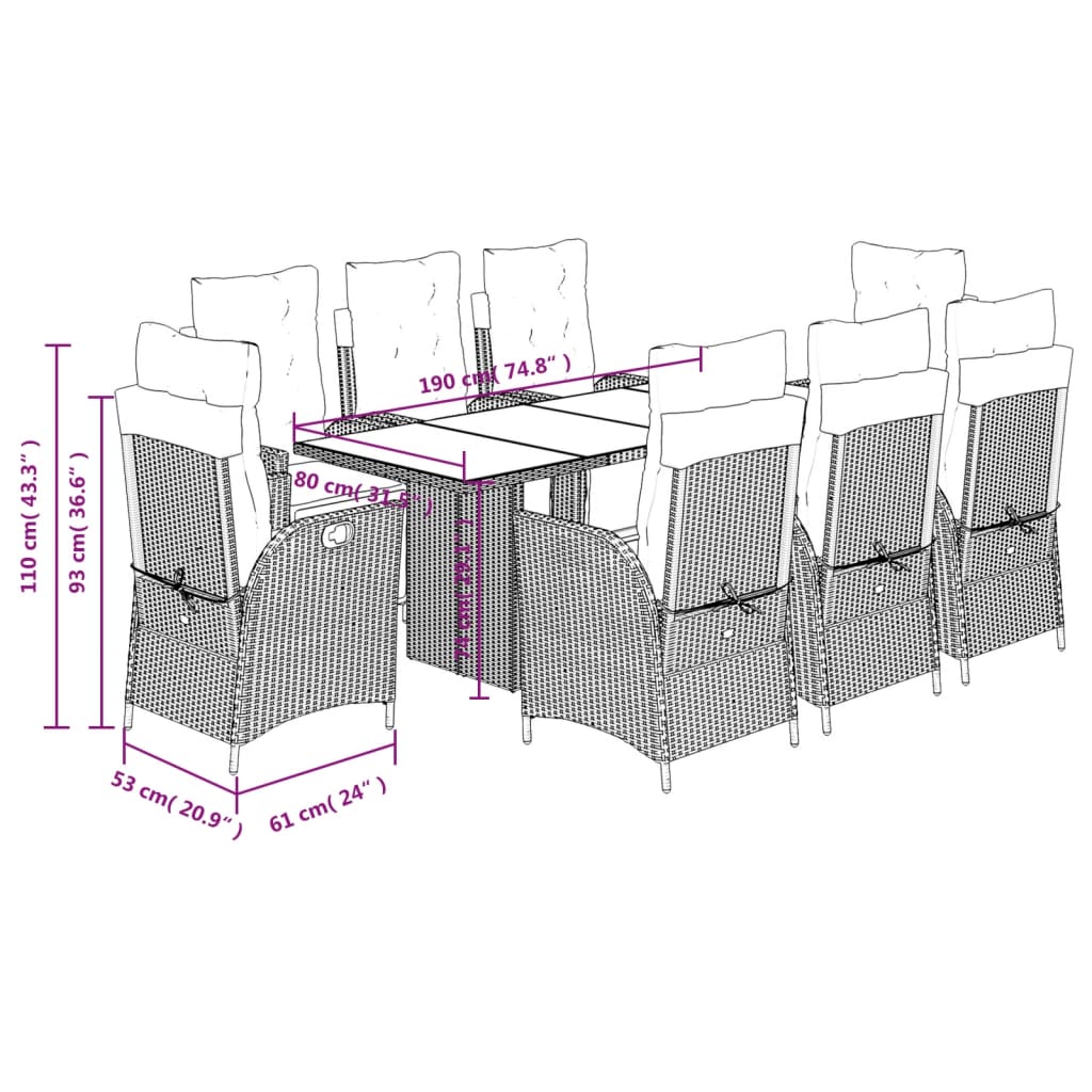 9 pcs conjunto de jantar p/ jardim c/ almofadões cinzento claro