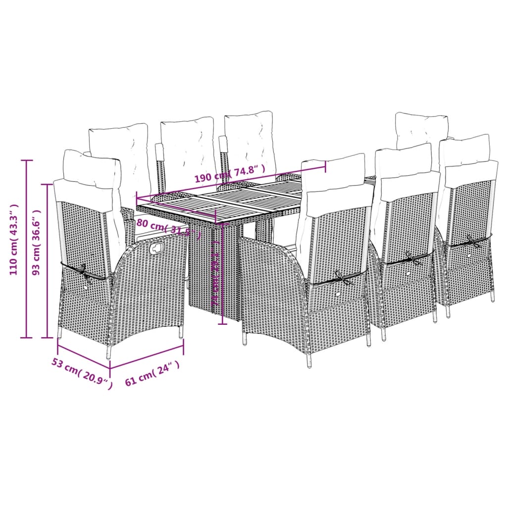 9 pcs conjunto de jantar p/ jardim c/ almofadões vime PE preto