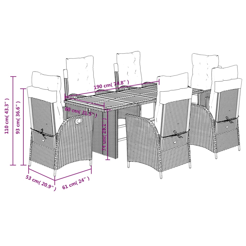 7 pcs conjunto de jantar p/ jardim c/ almofadões vime PE cinza