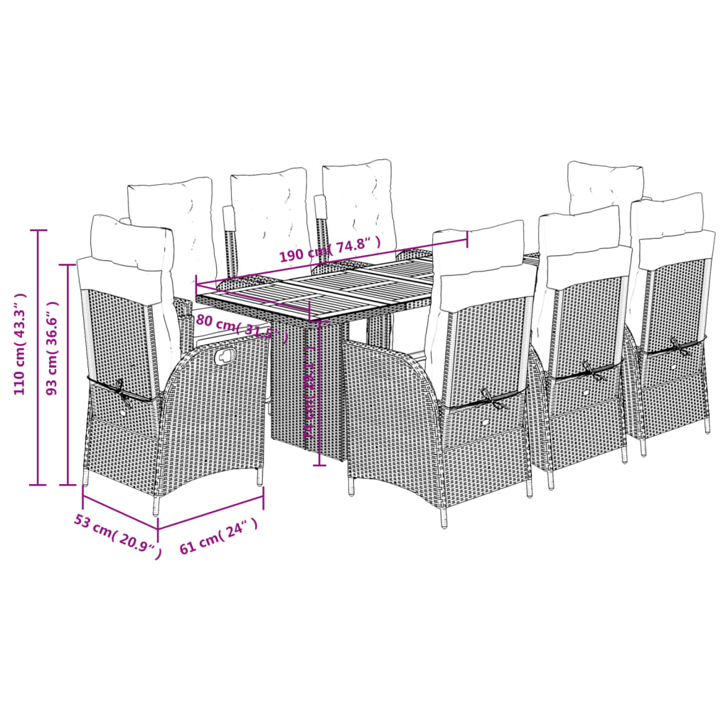 9 pcs conjunto de jantar p/ jardim c/ almofadões vime PE cinza