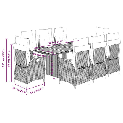 9 pcs conjunto de jantar p/ jardim com almofadões vime PE bege