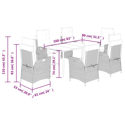 7 pcs conjunto de jantar p/ jardim c/ almofadões vime PE preto