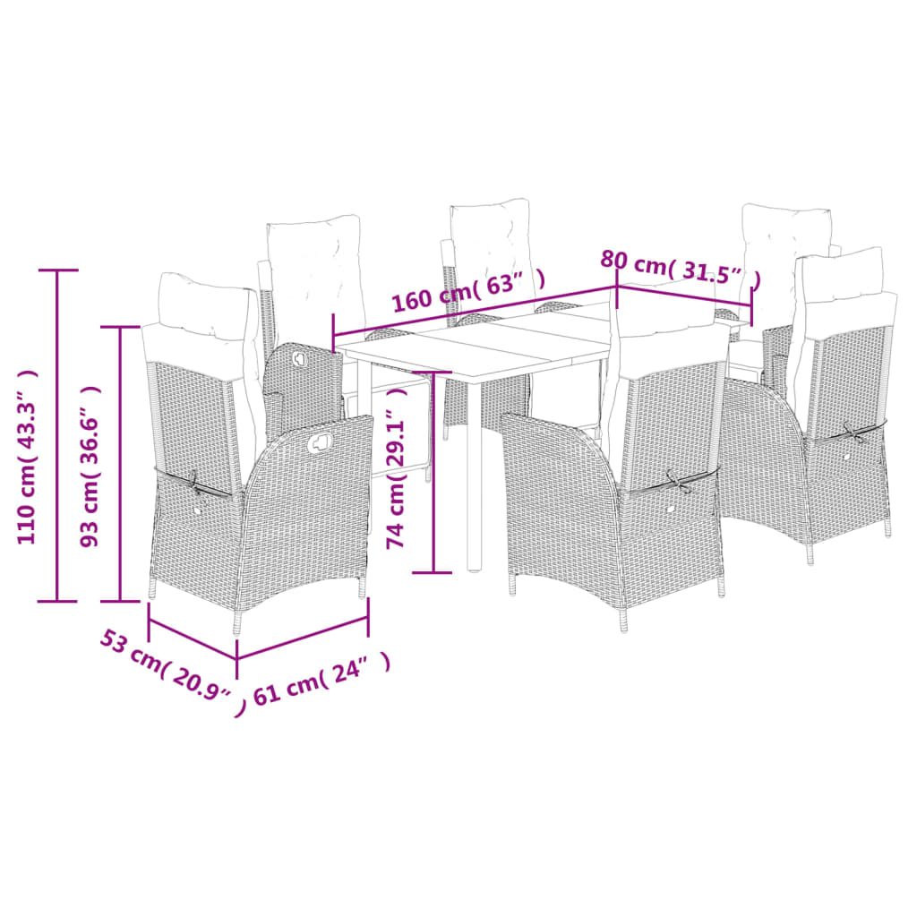 7 pcs conjunto de jantar p/ jardim c/ almofadões vime PE preto