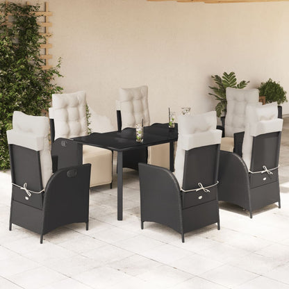 7 pcs conjunto de jantar p/ jardim c/ almofadões vime PE preto