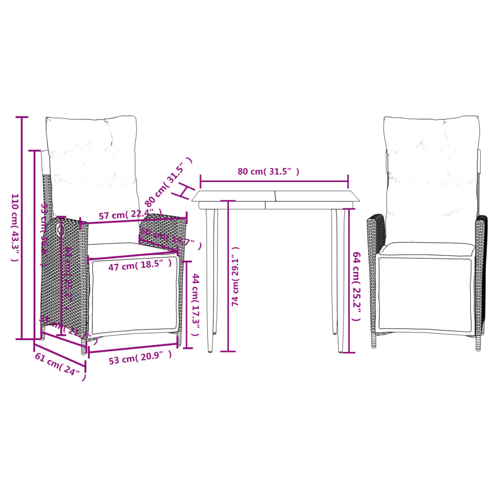 3 pcs conjunto de jantar p/ jardim c/ almofadões vime PE preto