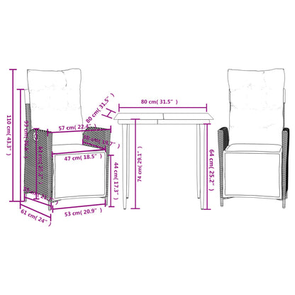 3 pcs conjunto de jantar p/ jardim c/ almofadões vime PE preto