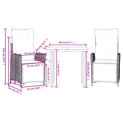 3 pcs conjunto de jantar p/ jardim c/ almofadões vime PE preto