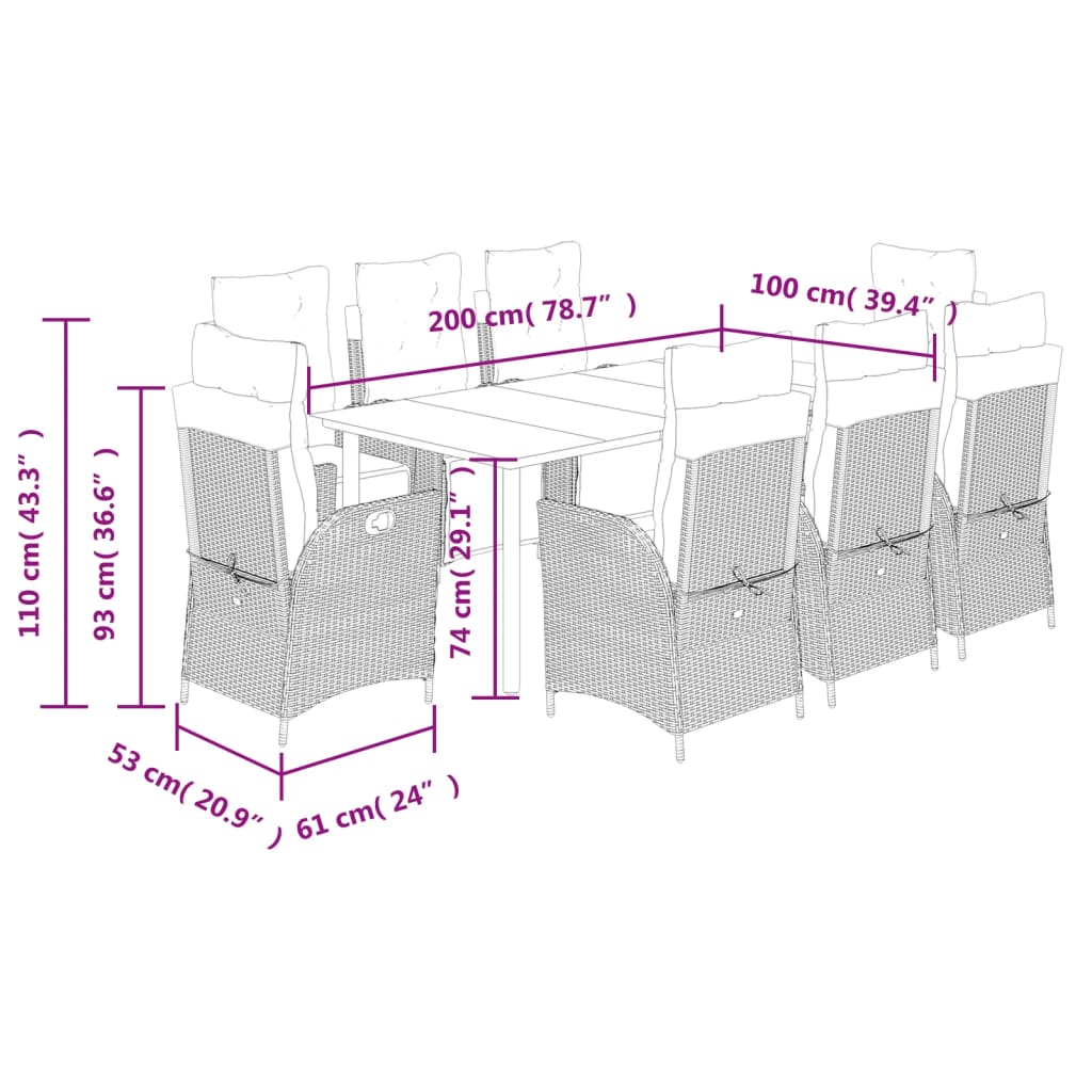 9 pcs conjunto de jantar p/ jardim c/ almofadões vime PE preto