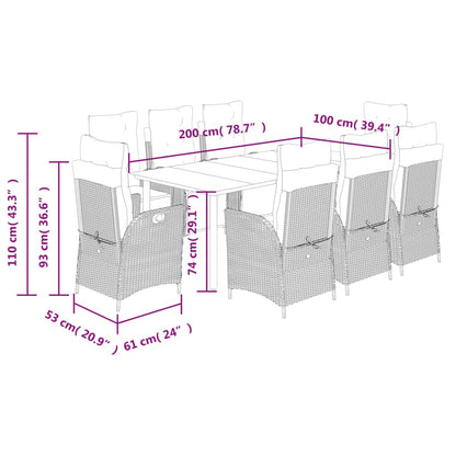 9 pcs conjunto de jantar p/ jardim c/ almofadões vime PE preto