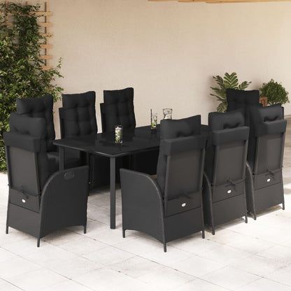 9 pcs conjunto de jantar p/ jardim c/ almofadões vime PE preto