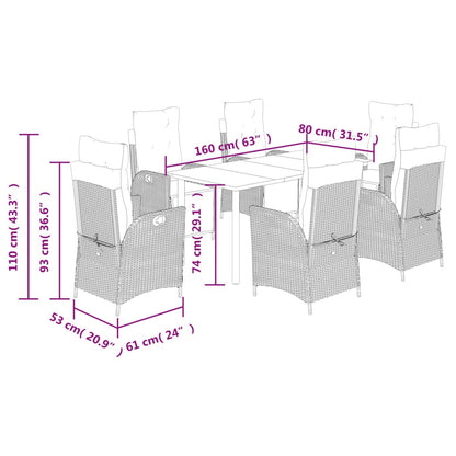 7 pcs conjunto jantar p/ jardim c/ almofadões vime PE castanho