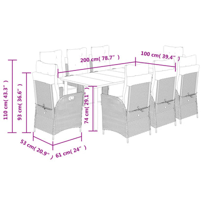 9 pcs conjunto jantar p/ jardim c/ almofadões vime PE castanho