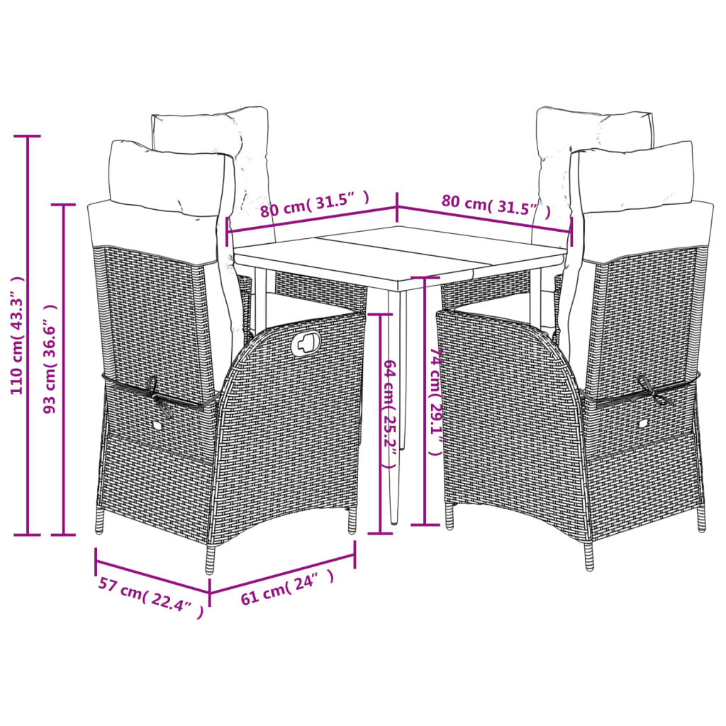 5 pcs conjunto de jantar p/ jardim c/ almofadões vime PE cinza