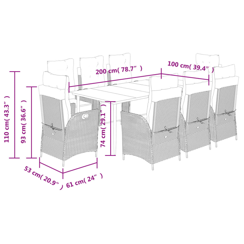 9 pcs conjunto de jantar p/ jardim c/ almofadões vime PE cinza