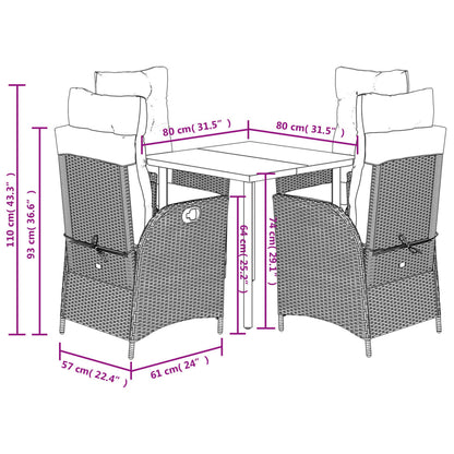 5 pcs conjunto de jantar p/ jardim c/ almofadões vime PE cinza