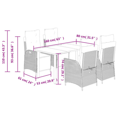 5 pcs conjunto de jantar p/ jardim c/ almofadões vime PE cinza